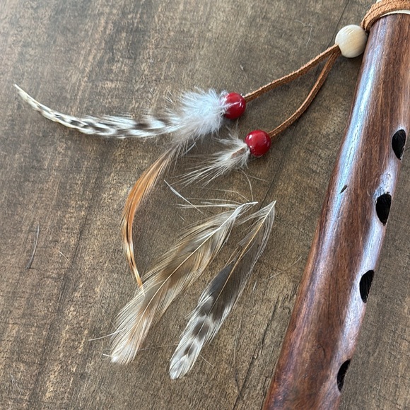 Native American Kokopelli Wooden Flute with Feather Accents - Picture 3 of 5